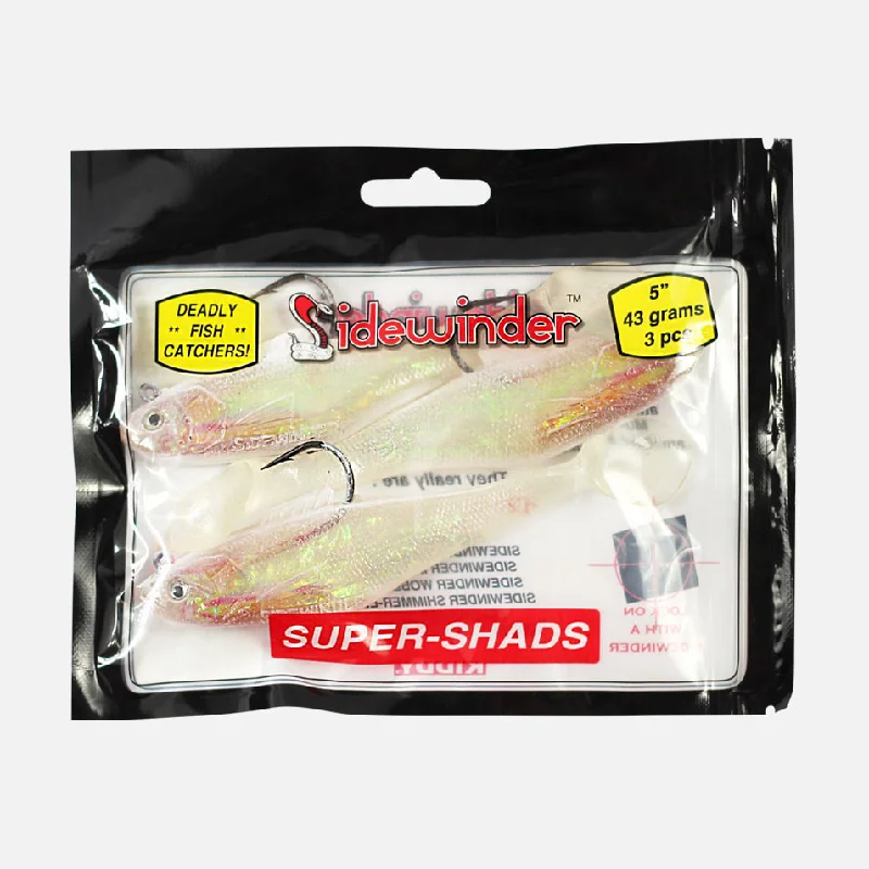 Snag-proof Lures-Sidewinder Super Shads Fishing Lures Blood Head Pearl Colour 3 Per Pack 5" 43g