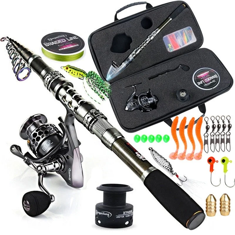 Long-distance Casting Rods-Fishing Rod & Reel Combo Telescopic Fishing Rod Spinning Reel with Free Spool Fishing Hooks Lure