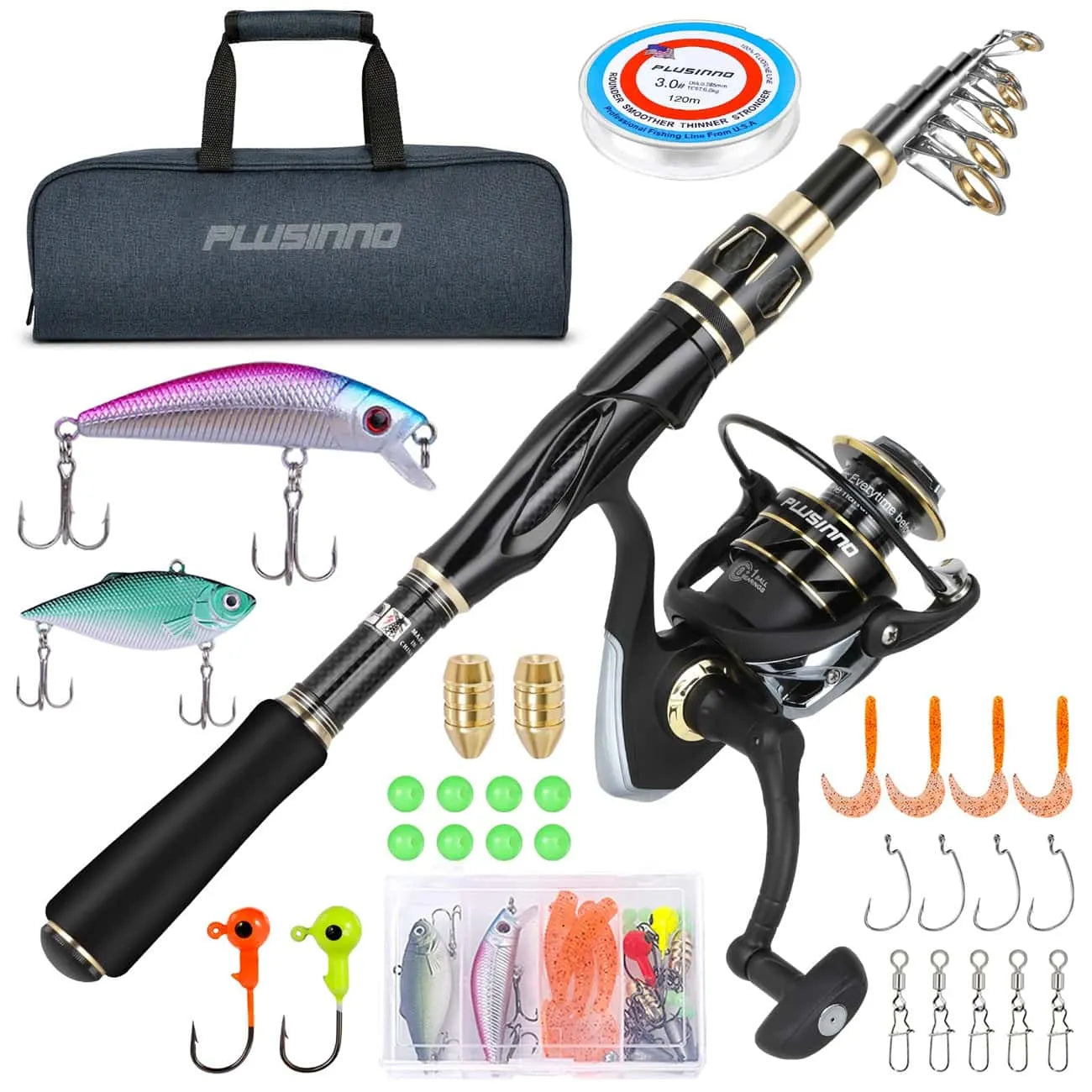 Light Action Fishing Rods-PLUSINNO Eagle Hunting VIII Fishing Rod and Reel Combos Set with Carrier Case