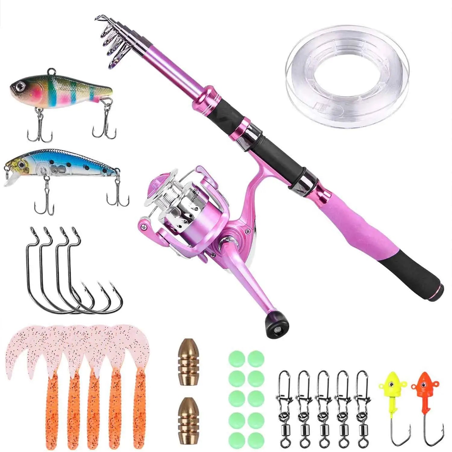 Long Fishing Rods-PLUSINNO Ladies Telescopic Pink Fishing Rod and Reel Combos