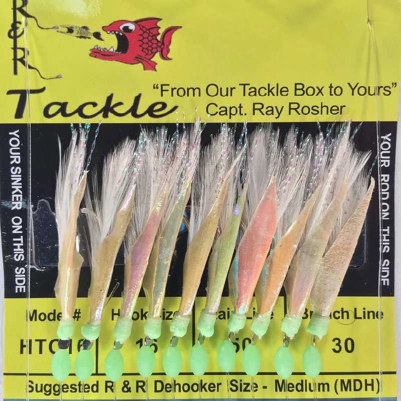 Coated Fishing Hooks-R&R HTC16 Bait Rig - 10 (size 16) hooks with white feather & fish skin