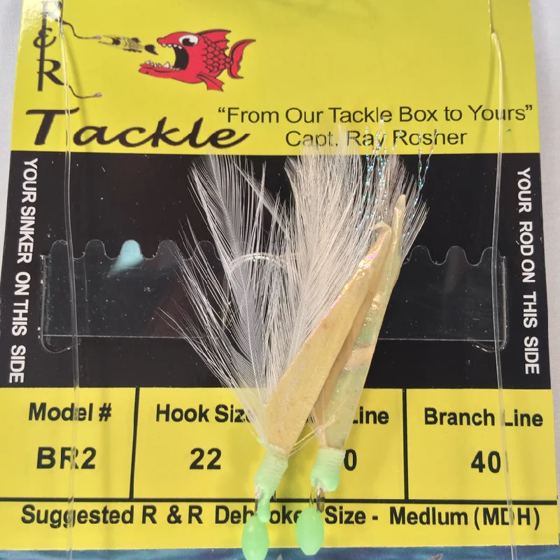 Quick-set Fish Hooks-R&R BR2 Bait Rig - 2 (size 22) hooks with white feather & fish skin