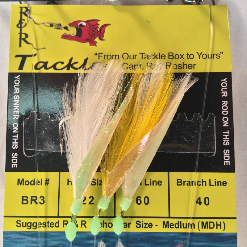 Twin-hook Fish Hooks-R&R BR3 Bait Rig - 3(Size 22) hooks with white/yellow feather & fish skin