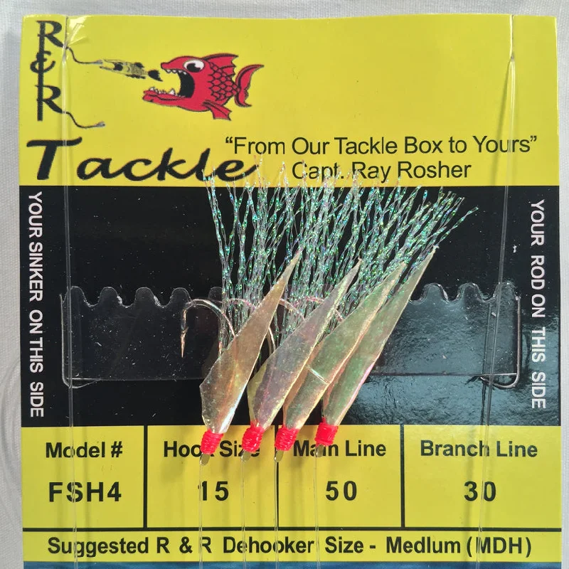 Heavy-duty Bait Hooks-R&R FSH4 Bait Rig- 4 (size 15) hooks with flash & fish skin