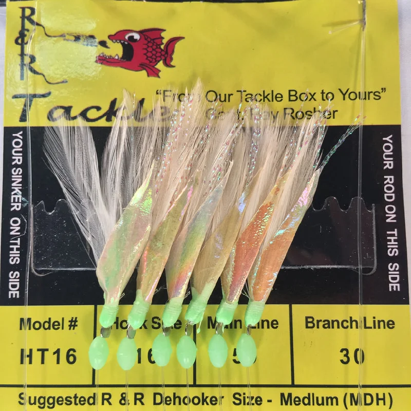 Feathered Fish Hooks-R&R HT16 Bait Rig - 6 (size 16) hooks with white feather & fish skin