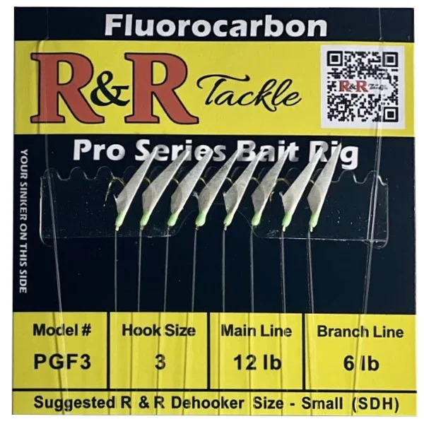 Beak Fish Hooks-R&R PGF3 FLUOROCARBON BAIT RIGS- 8 (SIZE 3) GOLD HOOKS WITH FISH SKIN & GREEN HEADS