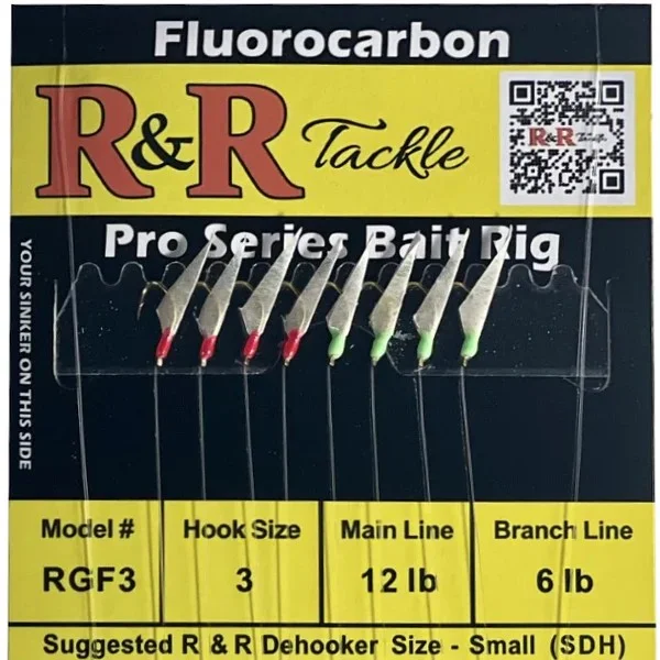 Bait Hooks for Fishing-R&R - RGF3 FLUOROCARBON BAIT RIG - 8 (SIZE 3) HOOKS WITH 4 RED 4 GREEN GLOW HEADS WITH FISH SKIN