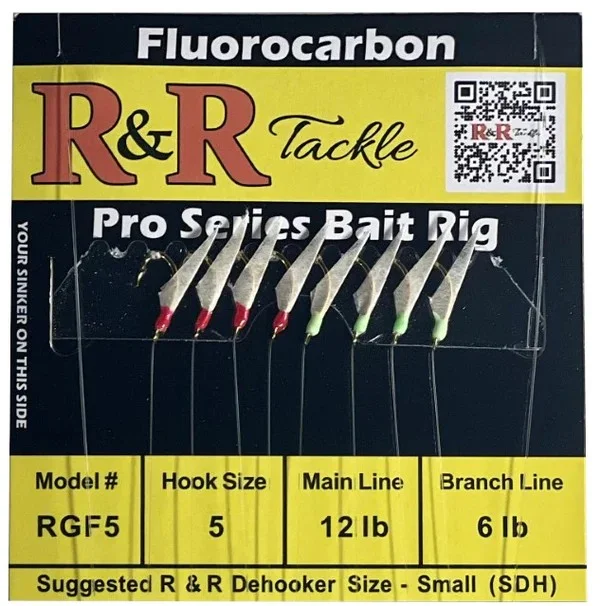 Short Shank Fish Hooks-R&R - RGF5 FLUOROCARBON BAIT RIG - 8 (SIZE 5) HOOKS WITH 4 RED 4 GREEN GLOW HEADS WITH FISH SKIN